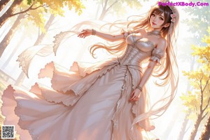 A woman in a wedding dress standing in the woods.