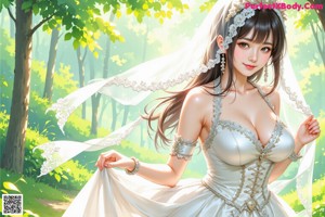 A woman in a wedding dress standing in a forest.