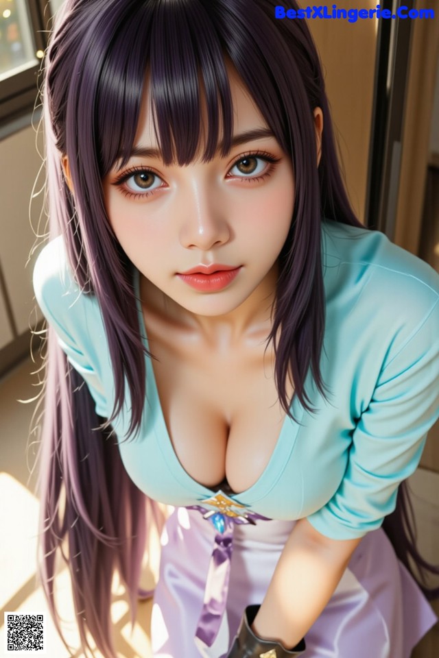Hentai - The Velvet Nightfolds Embrace Her Regal Presence Set.1 20250104 Part 14 No.8a3128 A woman with long purple hair wearing a blue shirt.