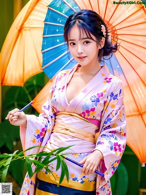 A woman in a kimono holding an umbrella in the rain.