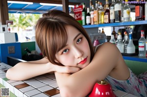 A woman in a pink top leaning against a wall.