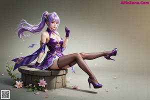 A woman in a purple dress sitting on some steps.