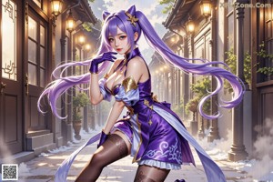 A woman with long purple hair sitting on a bed.