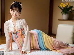 A woman in a pink and yellow hanbok is posing for a picture.