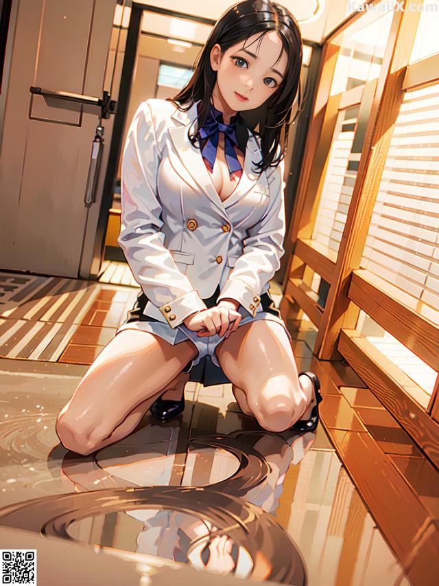 A woman in a white jacket and blue skirt crouching on the floor.