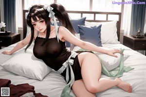 a sexy asian woman in a white dress sitting on a bed
