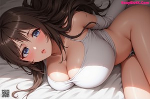 Anime girl with big tits laying on a bed.
