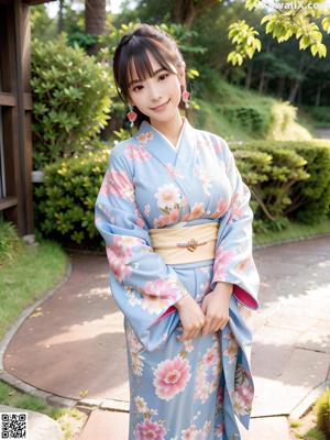 A naked asian woman in a kimono posing on a bed.