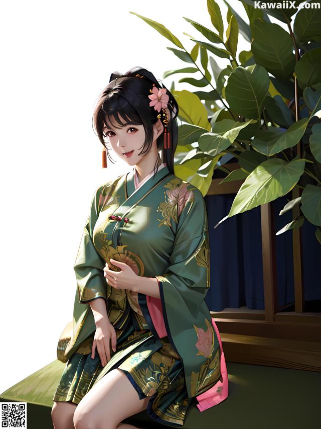 A woman in a green kimono sitting on a bench.