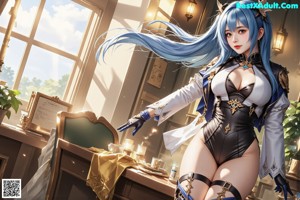 A woman with long blue hair standing in the woods.