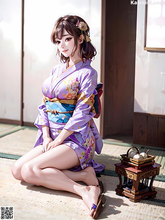 A woman in a kimono sitting on the floor.