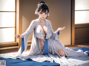 A woman in a white kimono sitting on a wooden bench.