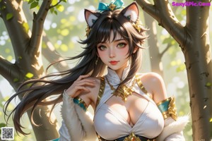 A woman in a bikini with a cat ears on her head.