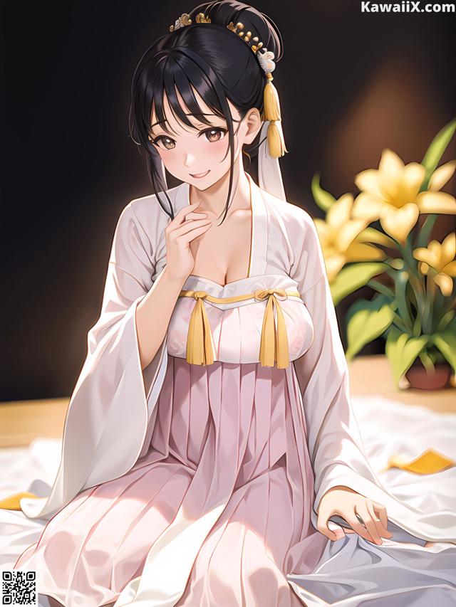 A woman in a pink kimono sitting on a bed.