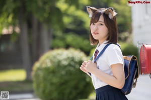 A woman in a school uniform sitting on a bench.