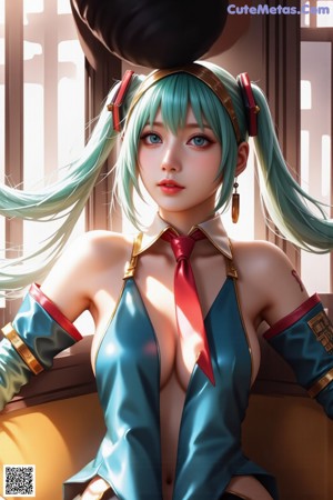 A woman with long blue hair wearing a white shirt and black skirt.