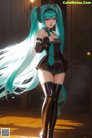A woman with long blue hair wearing a black jacket and shorts.