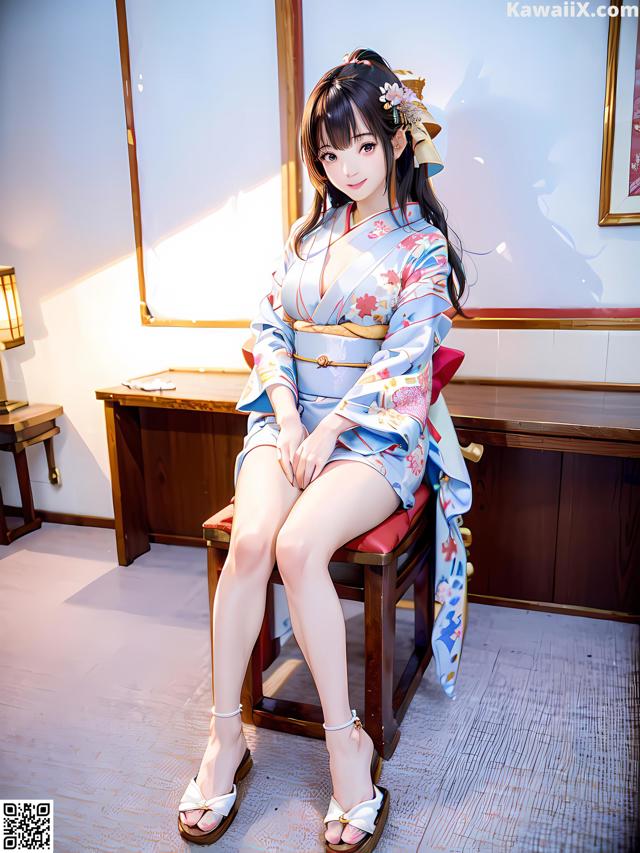 A woman in a kimono sitting on a chair.