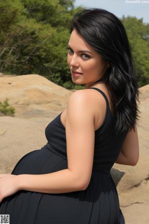 A woman in a black dress posing for a picture.