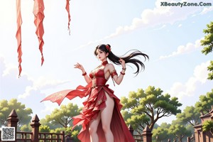 A woman in a red and white dress standing on a bridge.