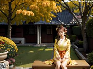 A woman in a blue kimono sitting on a table.