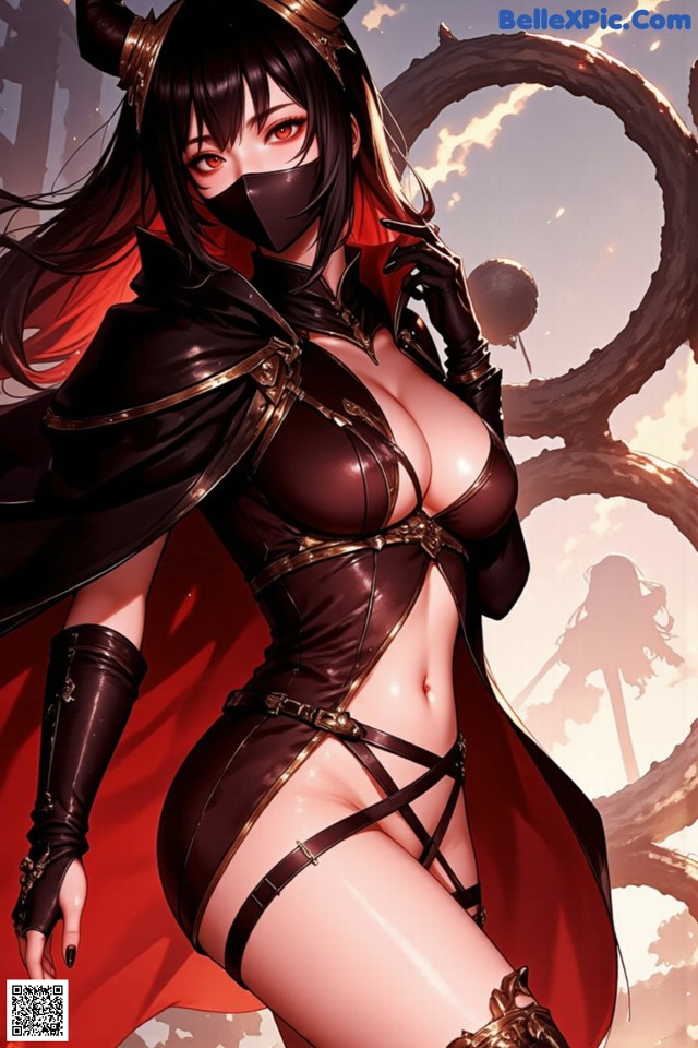A woman in a black and red outfit with horns on her head.