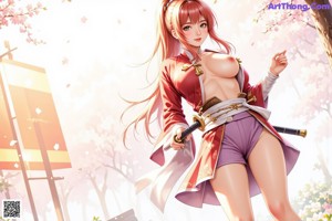 A woman with long red hair stands outdoors, holding a sword, surrounded by cherry blossoms.