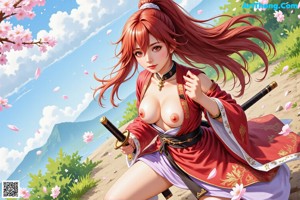 A woman with long red hair stands in a cherry blossom forest, holding a sword.