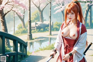 A woman with red hair in a ponytail, wearing a white top and purple shorts, holding a sword, standing under cherry blossoms.