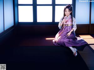 A woman in a kimono standing in front of a window.