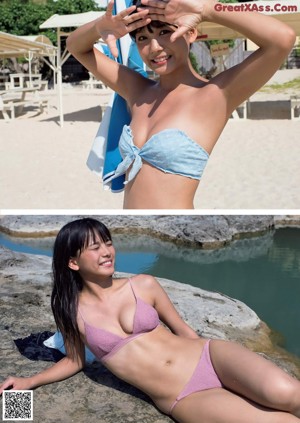 A woman laying on top of a bed in a green bikini.