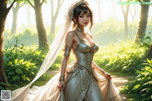 A woman in a wedding dress standing in the woods.