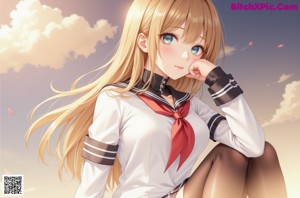 A woman in a school uniform leaning against a wall.