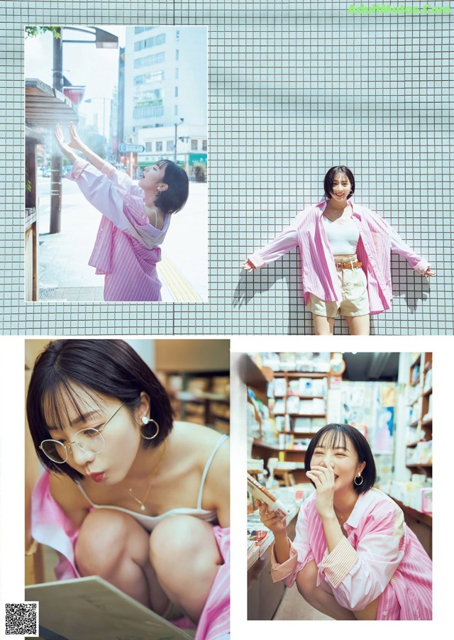 A woman in a pink shirt and white shorts is posing for a picture.