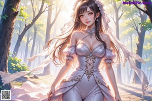 A woman in a wedding dress walking through a forest.