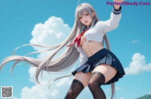 A woman in a school uniform sitting on a window sill.