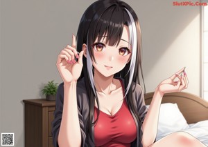 A naked woman with long black hair sitting on the floor.