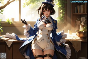 A woman in a blue and white outfit with a crown on her head.