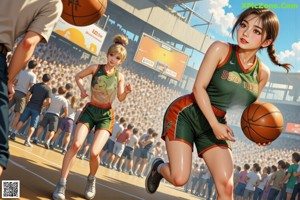 A girl in a red and black uniform holding a basketball.