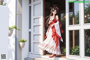 A woman in a white dress with a red sash.