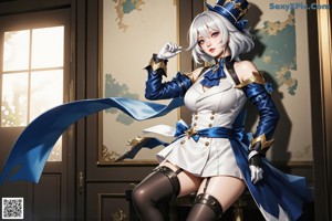 A woman in a blue and white outfit holding a sword.