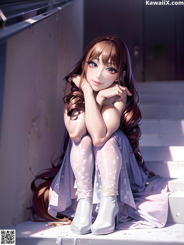 A girl sitting on the steps of a building with her legs crossed.