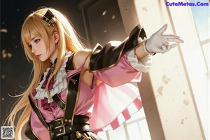 A woman in a pink and white dress holding a sword.