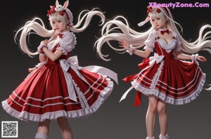 a woman in a red dress with a bunny ears on her head