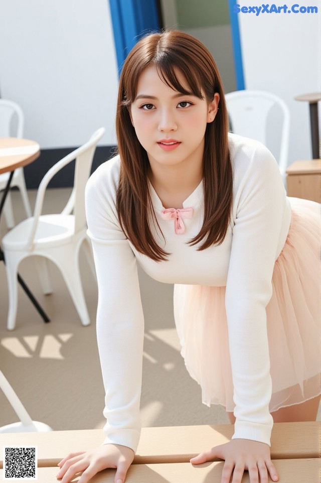 A young woman leaning over a wooden table.