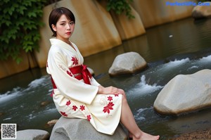 A naked asian woman in a yellow kimono posing for the camera.