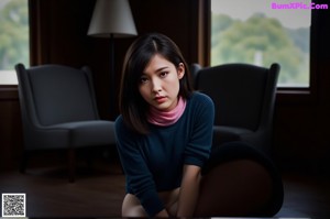 A woman in a pink and white lingerie sitting on a table.