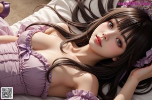 A woman in a purple dress sitting on a couch.