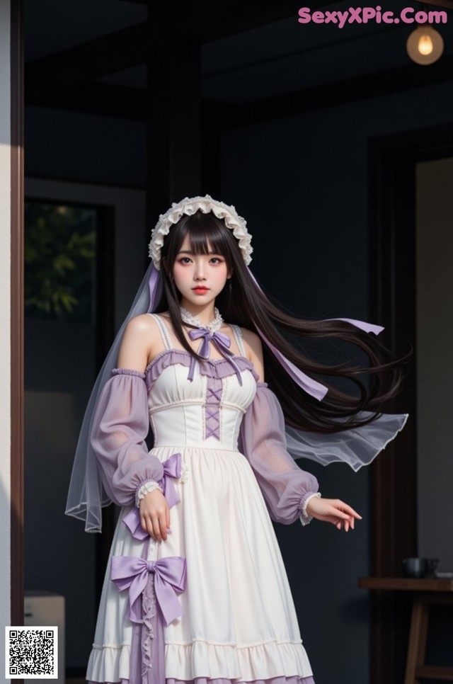 A woman in a white dress with a purple veil.