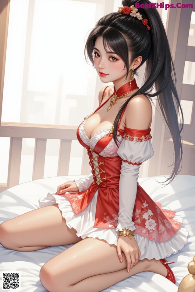 A woman in a red and white dress sitting on a bed.